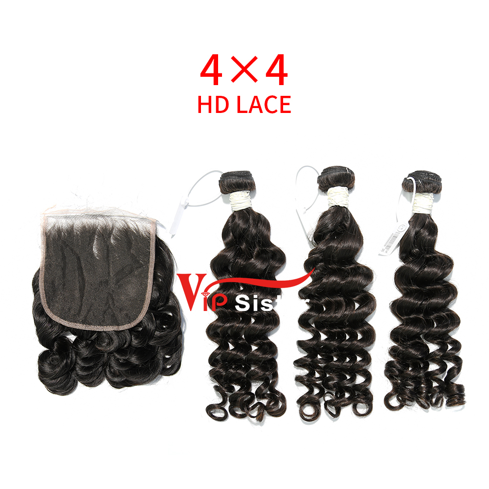 #1b Indian Raw Human Hair Bundle with 4×4 HD Lace Closure Loose Wave